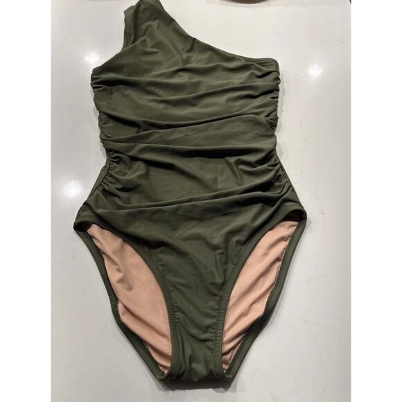 J. Crew One Shoulder Green Bathing Suit Women’s Size 8 Ruched One Piece READ - Picture 1 of 11